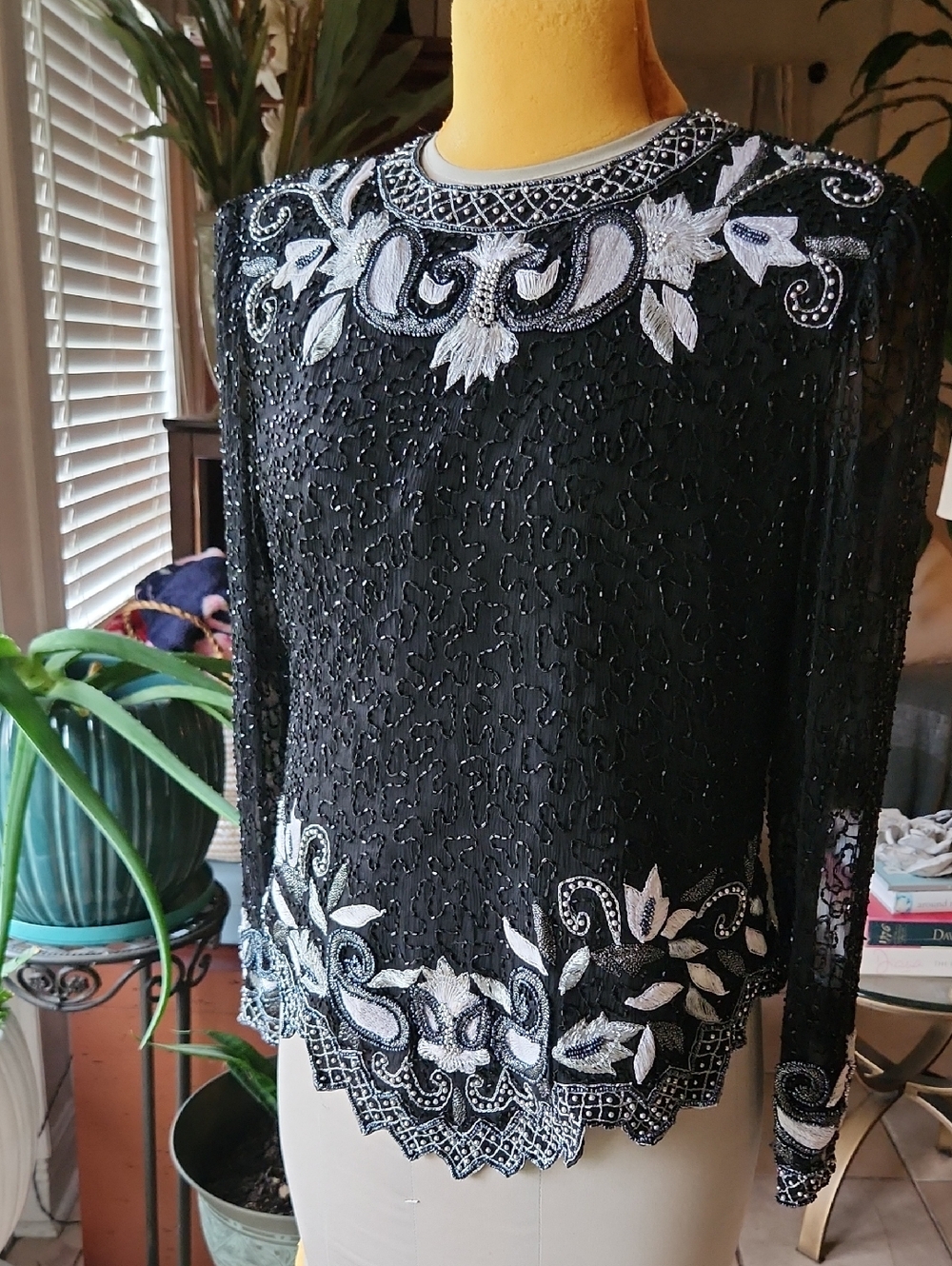 VintageDrapers And Damons Embroidered Beaded Silk Top with Silver Accents, SZ PL